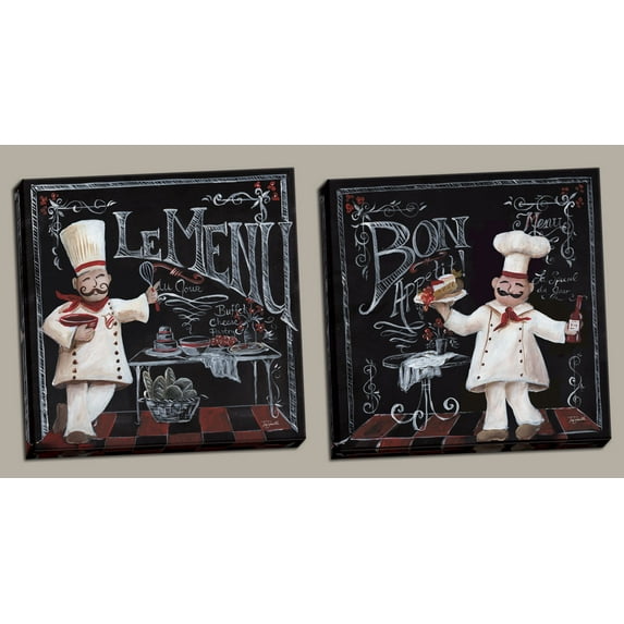 Lovely Chalkboard-Style French "Le Menu" and "Bon Appetit" Chef Set by Tre Sorelle Studios; Two 16x16in Hand-Stretched Canvases