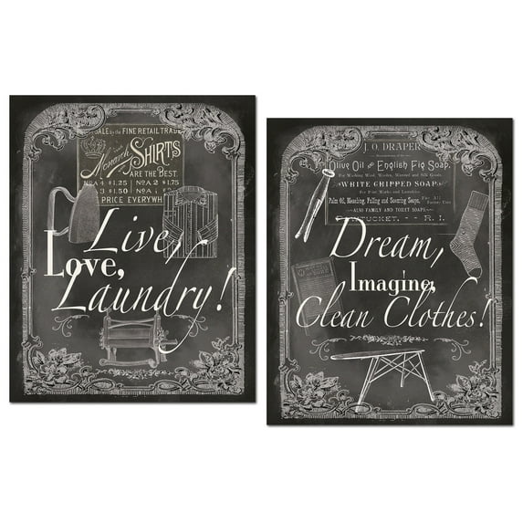 Lovely Chalkboard-Style "Live, Love and Laundry" and "Dream, Imagine, Clean Clothes" by Tre Sorelle Studios; Two 11x14in Paper Posters (Printed on Paper, Not Chalkboard)