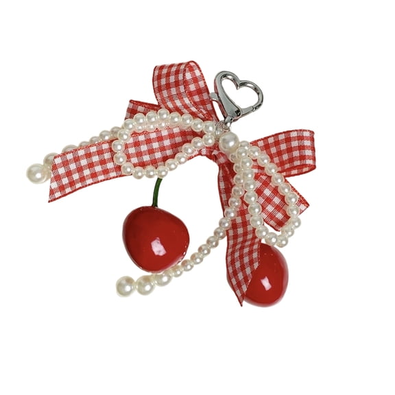Lovely Checkered Cherry Pattern Keychain Fashionable Bag Accessory With Metal Clip And Fabric Material