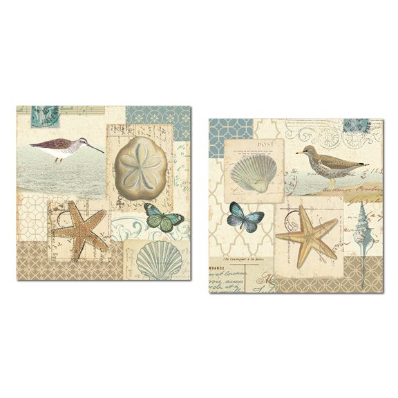 Lovely Coastal Sandpiper, Butterflies and Shell Collage Set by Pela Studios: Two 12x12in Paper Posters