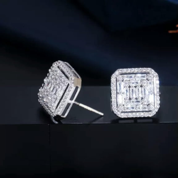 Lovely Crystal Silver Square Stud Earrings Cubic Zircon Party Jewelry for Women