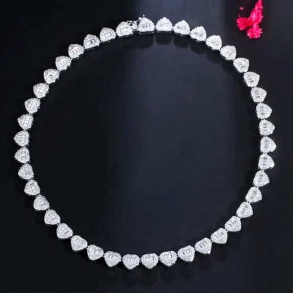 Lovely Cubic Zircon Crystal Heart Shape Choker Necklace Silver Plated Jewellery