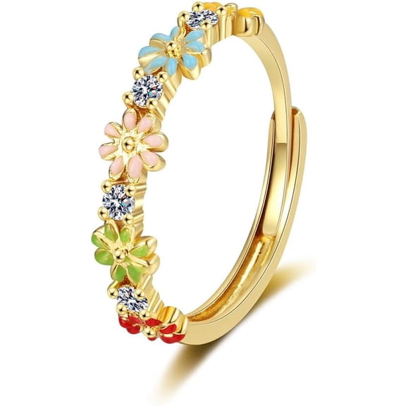 Lovely Daisy Flower Rings Dainty Blooms Enamel Crystal Adjustable Open Ring Colorful Sunflower Wedding Engagement Ring Finger Band Eternity Dainty Jewelry Gifts Delicate Everyday Ring for Women