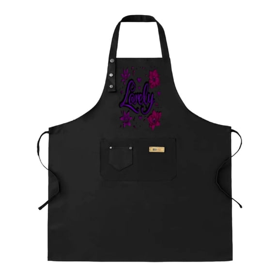 Lovely Design Adjustable Bib Apron 2 Pack - Black with Purple & Pink ' Lovely ' Print Star Patterns 2 Pockets for Cooking & Chef Use