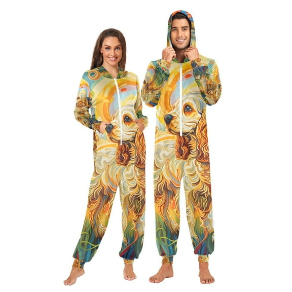 Lovely Dog Adult Onesie Pajamas Slim Fit Christmas One Piece Suit Pjs for Women and Men Hooded Zipper