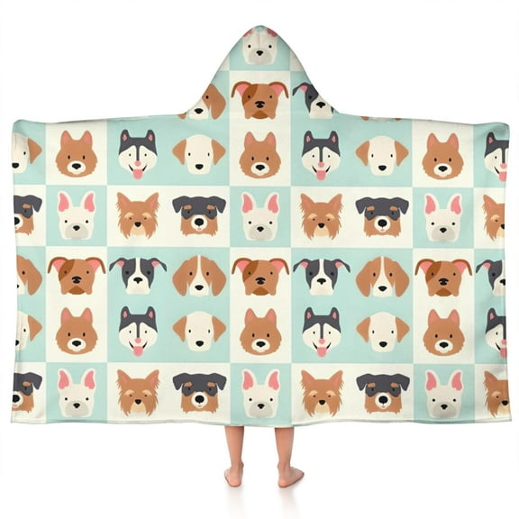Lovely Dog Breeds Hooded Bath Towel，50"x30" for Ages 3 To 12 Kids, Quick Dry Lightweight Soft Microfiber Hood Beach Towel Cover Up for Kids