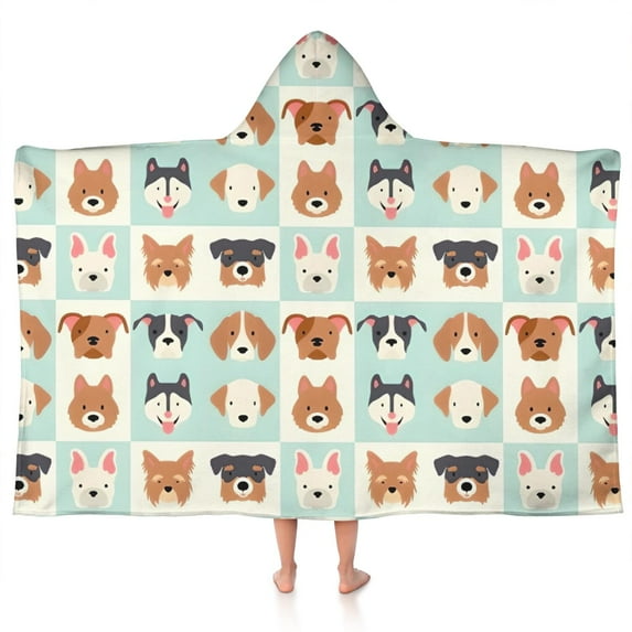 Lovely Dog Breeds Hooded Bath Towel,50"x30" for Ages 3 To 12 Kids, Quick Dry Lightweight Soft Microfiber Hood Beach Towel Cover Up for Kids