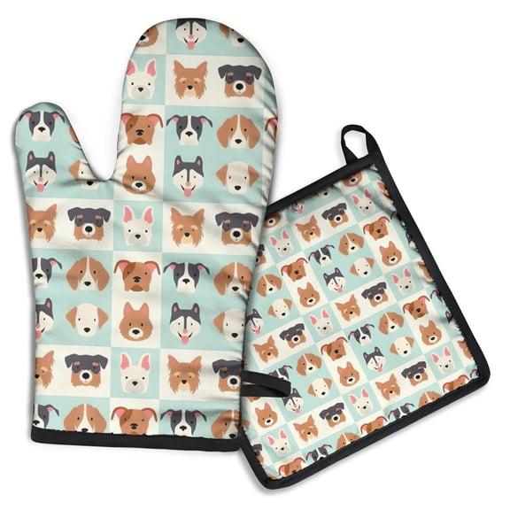 Lovely Dog Breeds Kitchen Oven Mitt and Pot Holder Sets 2 Pcs for Baking, Cooking and Grilling, Heat Resistant Up To 392 °F