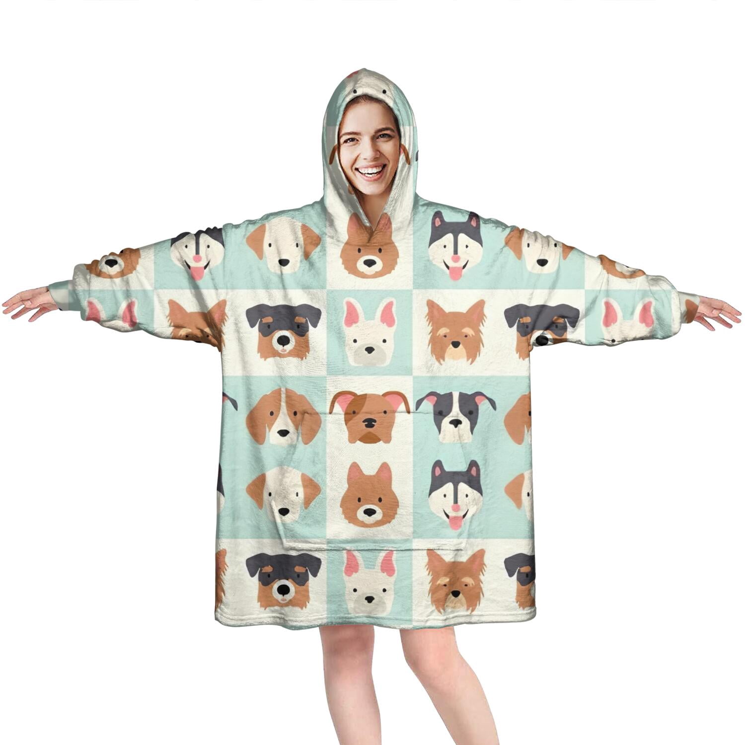 Lovely Dog Breeds Wearable Oversized Blanket,Wearable Blanket Hoodie for Adults,Cozy Hooded Blankets with Super Pockets,Super Warm Fuzzy Pullover for Women & Men