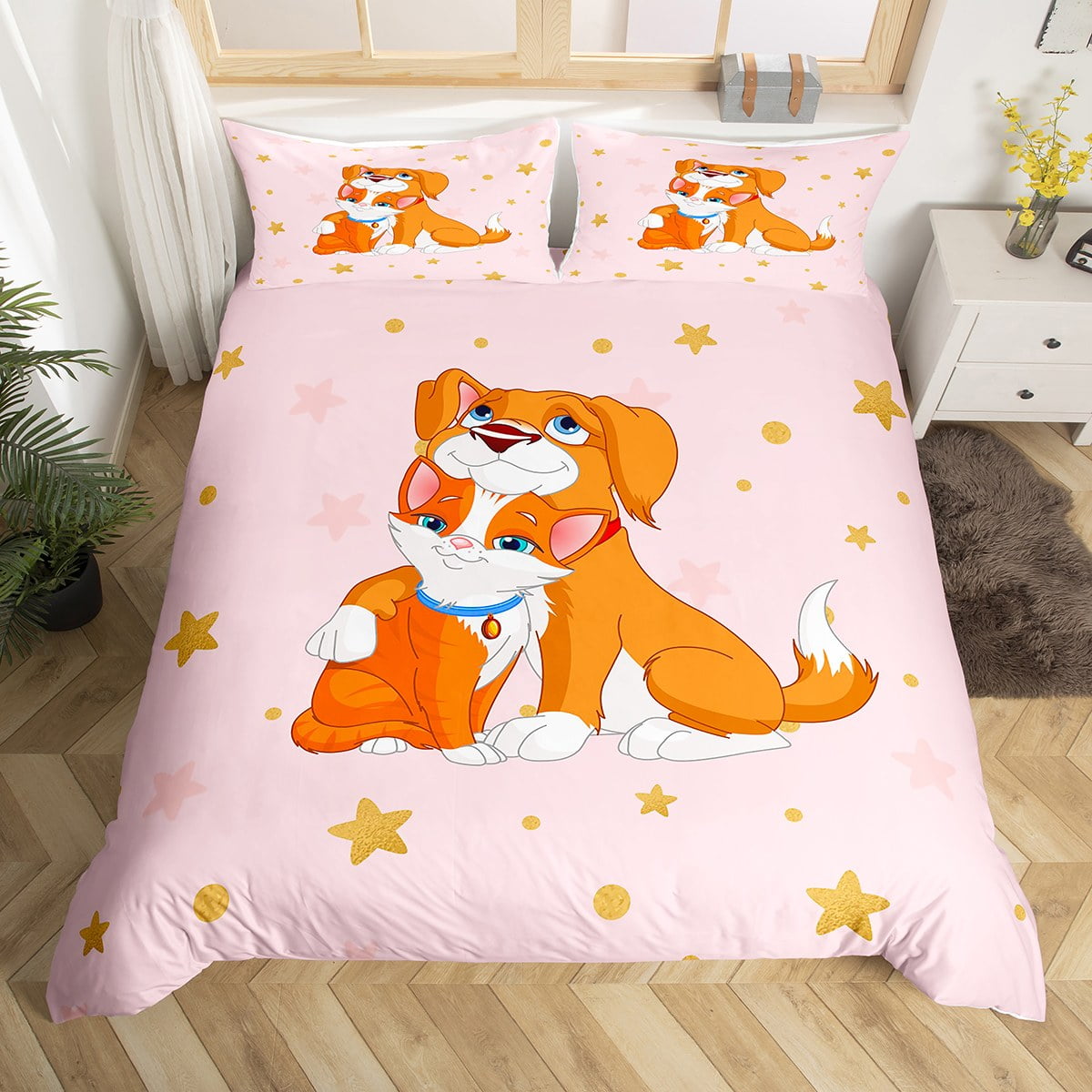 Lovely Dog Cat Duvet Cover Shining Moon Star Bedding Set Cute Animal