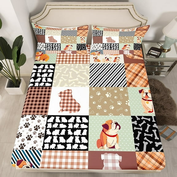 Lovely Dog Fitted Sheet Twin,French Bulldog Bed Set Teens Adult,Cute Dog Bed Sheets for Dog Lovers,Kawaii Pet Animal Bedding Set 2Pcs(1 Fitted Sheet,1 Pillowcase)(No Top Sheet)