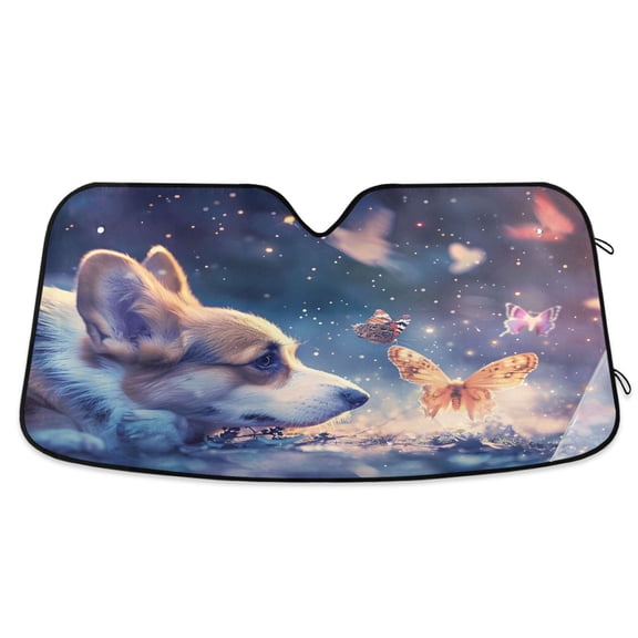 Lovely Dog and Butterfly Car Windshield Sun Shade Foldable Car Front Window Visor Heat and UV Protection 53x23.5