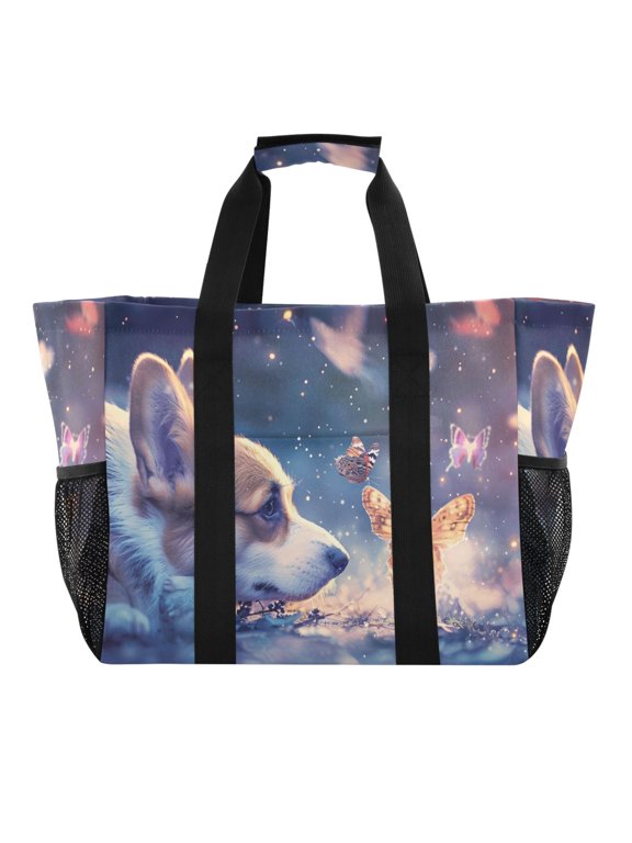 Lovely Dog and Butterfly Reusable Grocery Bags with Handle Side Pocket Waterproof Shopping Portable Tote
