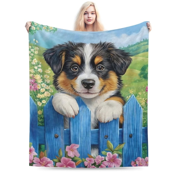 Lovely Dog with Floral Blanket, Soft & Warm Flannel Throw 50x40