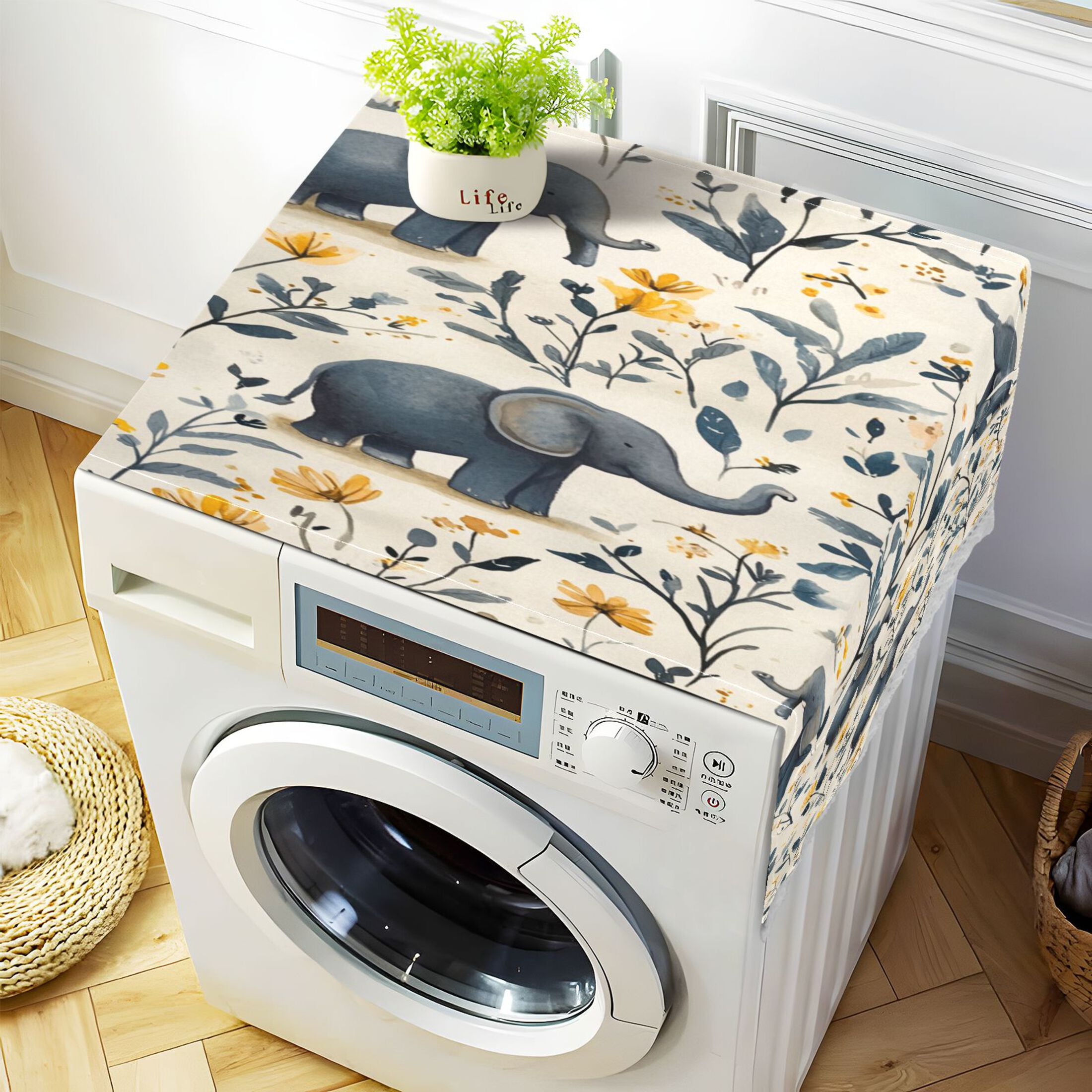 Lovely ElephantsWasher and Dryer Covers Dust-Proof and Oil Resistant Fridge Cover with 4 Storage Pockets Washing Machine Top Cover for Laundry Kitchen Home 51.2 x 22 In