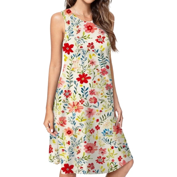 Lovely Floral Cream Fabric Design Dress Loose Women'S Dress Beach Dresses With Pockets Dresses For Womens