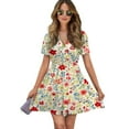 thumbnail image 1 of Lovely Floral Cream Fabric Design Women Dress V-Neck Short Sleeve Flowy Swing Party Midi Dress, 1 of 4