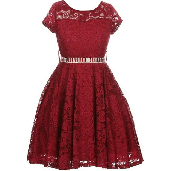 Lovely Floral Lace Rhinestones Skater Party Easter Flower Girl Dress for Little Girl Burgundy 2 JK19.88S BNY Corner