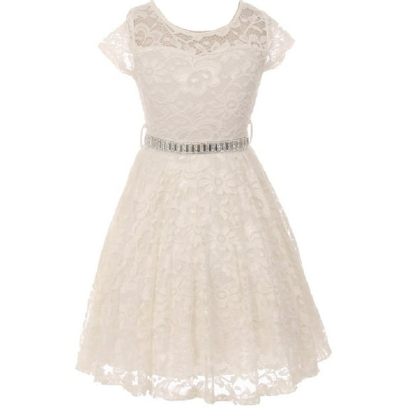 Lovely Floral Lace Rhinestones Skater Party Easter Flower Girl Dress for Little Girl Off White 2 JK19.88S BNY Corner