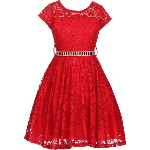 Lovely Floral Lace Rhinestones Skater Party Easter Flower Girl Dress for Little Girl Red 2 JK19.88S BNY Corner