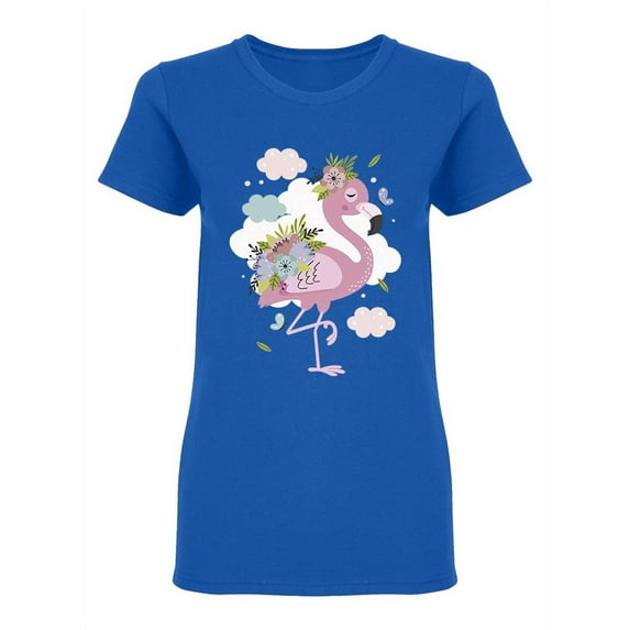 Lovely Floral Pink Flamingo Shaped T-Shirt Women -Image by Shutterstock, Female Large