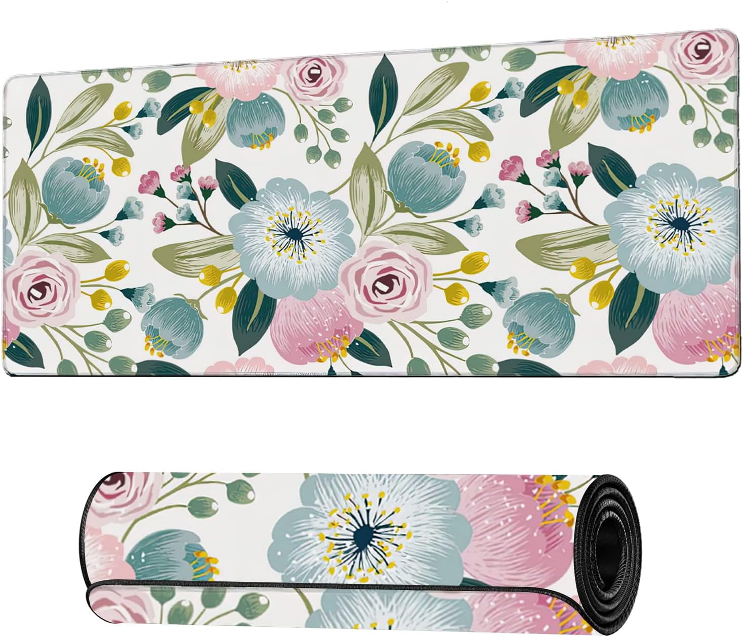 Lovely Floral with Spring Flowers Extended Gaming Mouse Pad Large Desk Mat with Non-Slip Rubber Base and Stitched Edges,Keyboard Mouse Mat Desk Pad for Work,Game,Office,Home 35.4 * 15.7 Inch