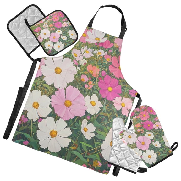 Lovely Flower Print Oven Mitts and Pot Holders with Chef Apron Set 5 Pcs Kitchen Cooking Set