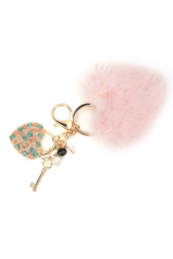 Lovely Fluffy Heart Shaped Fur Ball Keychain Cute Cat Eye Stone Alloy Pendant Bag Decorative Accessory Key Ring Ornament