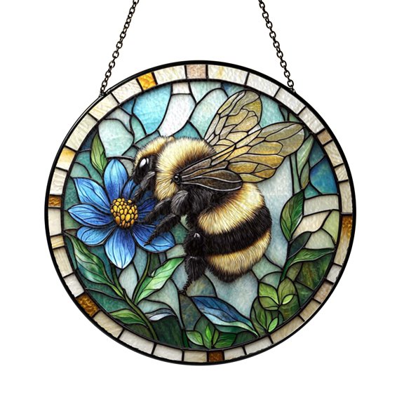 Lovely Fuzzy Bee And Blue Cornflower Suncatcher Panel Display Glass