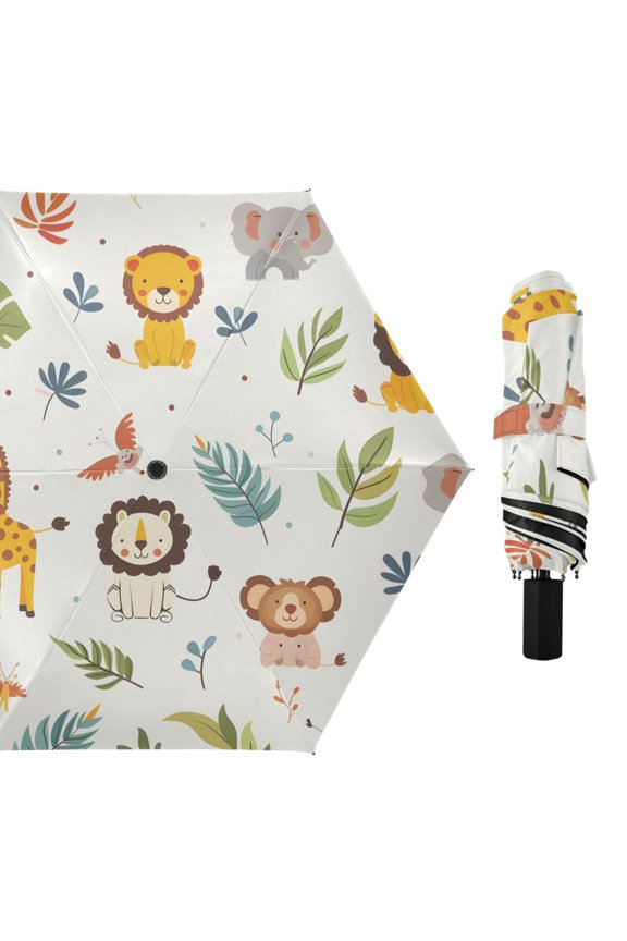 Lovely Giraffes Elephants Lions Leaves All Weather Umbrella Triple Folding Parasol 6 Ribs UV Protection Portable