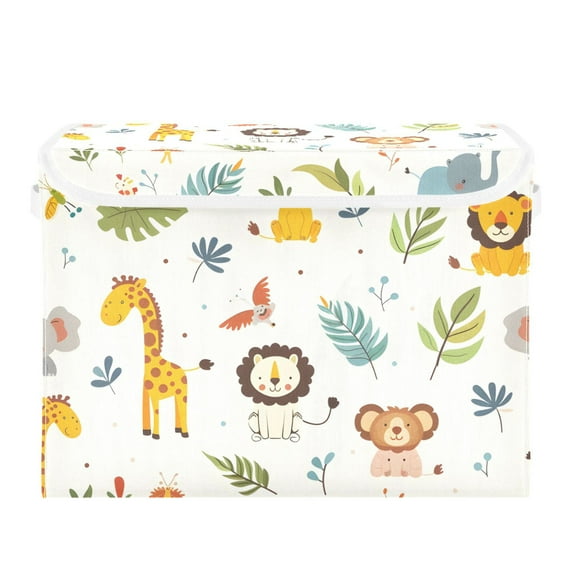 Lovely Giraffes Elephants Lions Leaves Foldable Storage Bin with Lid and Handle Collapsible Storage Box 16.5 x 12.6 x 11.8 inches