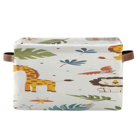 Lovely Giraffes Elephants Lions Leaves Square Storage Bins with Handles Collapsible Containing Box 1 Pack