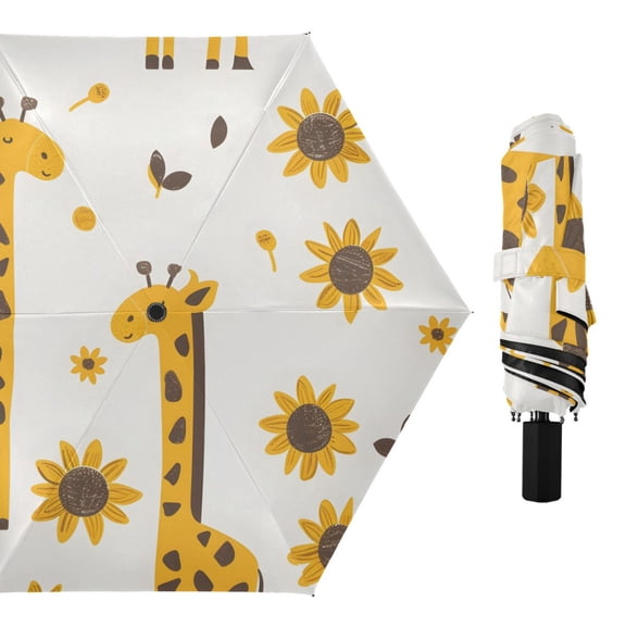 Lovely Giraffes Sunflowers Leaves All Weather Umbrella Triple Folding Parasol 6 Ribs UV Protection Portable