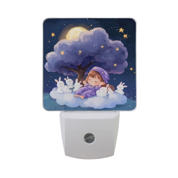 Lovely Girl Bunny Moon Tree Night Light 2 Pack LED Nightlight Plug into Wall Dusk to Dawn Sensor Soft White