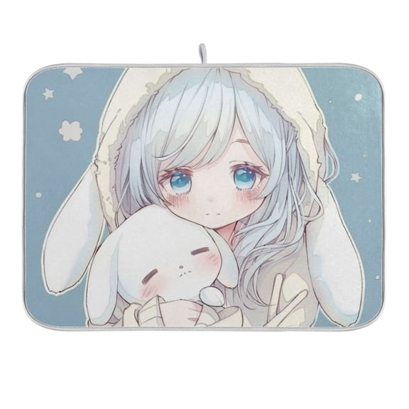 Lovely Girl Holding Dog Dish Drying Mat 16x18 Absorbent Microfiber Draining Rack Pad for Kitchen Counter Sink