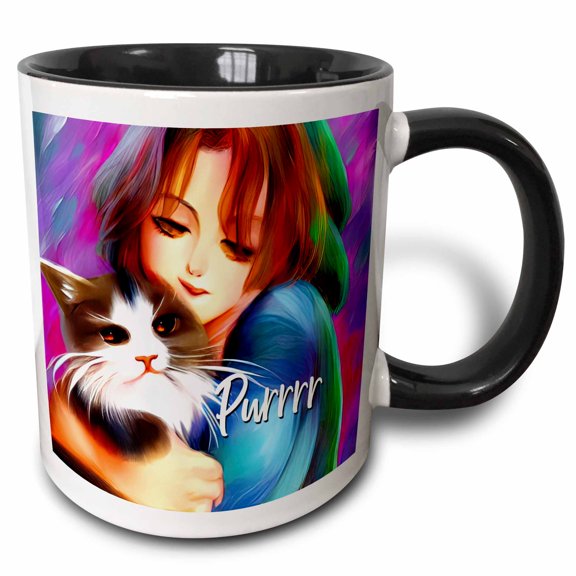 3drose, Lovely Girl Hugs a Beautiful Cat. Purrr. Funny Gift for Cat Lovers, 15oz Two-tone Black Mug