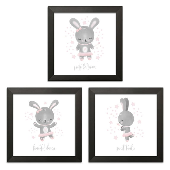 Lovely Grey, White and Pink "Beautiful Dancer" "Sweet Twirler" and "Pretty Ballerina" Bunny Prints by Noonday Design; Nursery or Child's Room Decor; Three 12x12in Black Framed Prints