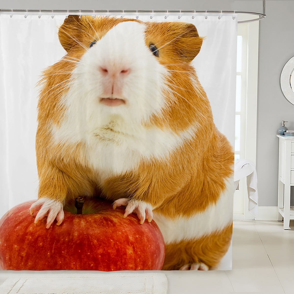 Lovely Guinea Pig Bath Curtain for Kids Boys Girls Red Apple Shower Curtain, Cute Cavy Mouse