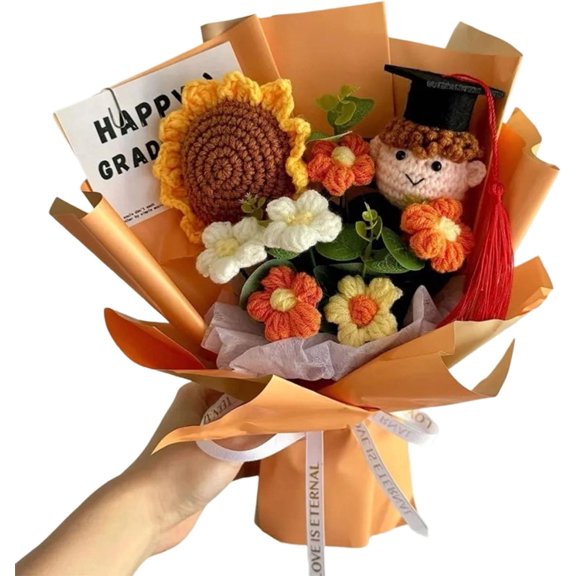 Lovely Hand-Crocheted Graduation Bouquet with Dolls, Handmade Sunflower Rose Bear Graduations Flower Bouquet for Birthday Celebration and Display Safe Party Supplies