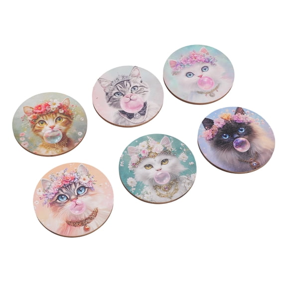 Lovely Handcrafted Wood Drink Coasters with Cats Pattern, Prevents Table Scratches