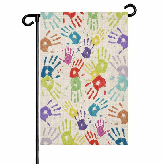 Lovely Happy Day Garden Flags for Outside Watercolor Cute Handprints Linen Texture Double Sided Yard Flags Outdoor House Decoration, Small 12X18 Inch