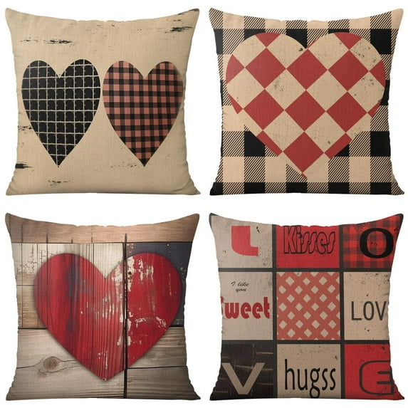 Lovely Heart Happy Valentine's Day Throw Pillow Covers 20"x20", Set Of 4, Linen Study Sofa Cushion Cover Indoor Living Room Home Decor