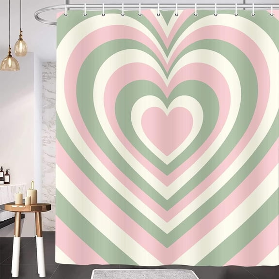 Lovely Heart Shower Curtain, Cute Green Pink Aesthetic Girl Pink Red Heart Shaped 2000s Hippie Bath Curtains, Woman Girls Bathroom Curtain Decorative Set with 12 Hooks Quick Dry Polyester Fabric,36x72