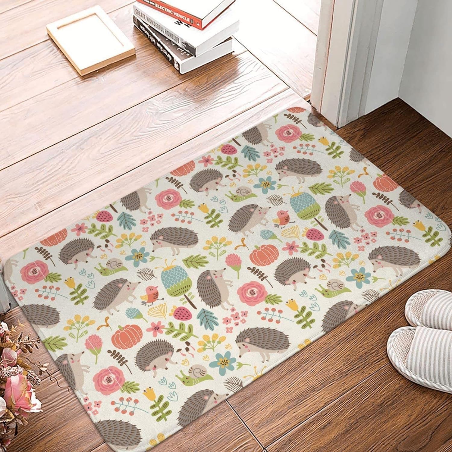 Lovely Hedgehogs Birds Rug Non Slip Bath Mat, Watercolor Little Flowers
