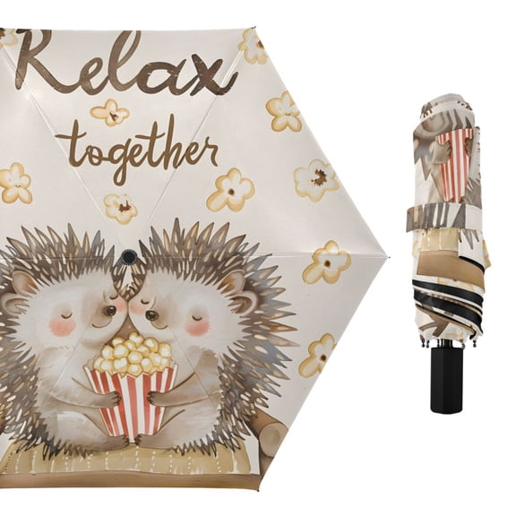 Lovely Hedgehogs on Sofa with Popcorn All Weather Umbrella Triple Folding Parasol 6 Ribs UV Protection Portable