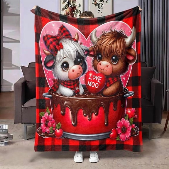 Lovely Highland Cow Pattern Blanket, Soft Throw Blanket, Air-conditioned Room Blanket, Warm Nap Blanket for Home Office Travel Camping, Fluffy Blanket