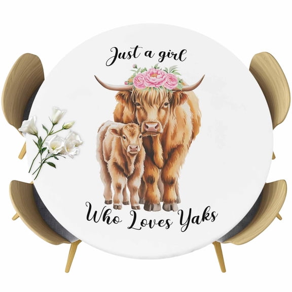 Lovely Highland Cow with Baby Fitted Round Tablecloths Table Covers 36"-44",Waterproof Table Cloth for Kitchen Holiday Party Tables Decor