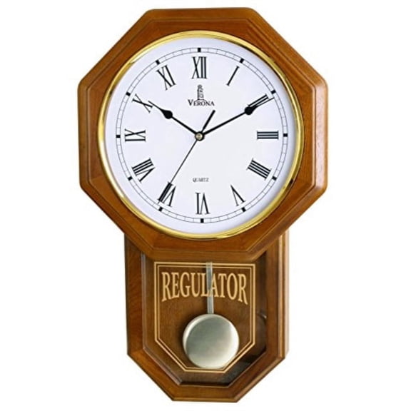 Pendulum Wall Clock Battery Operated - Quartz Wood Pendulum Clock - Silent, Wooden Schoolhouse Regulator Design, Decorative Wall Clock Pendulum for Living Room, Kitchen & Home Decor, 18" x 11.25"