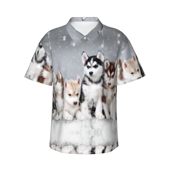 Lovely Huskies Brother Hawaiian Shirts For Men, Summer Short-Sleeve Relaxed-Fit Button-Down Shirts X-Large