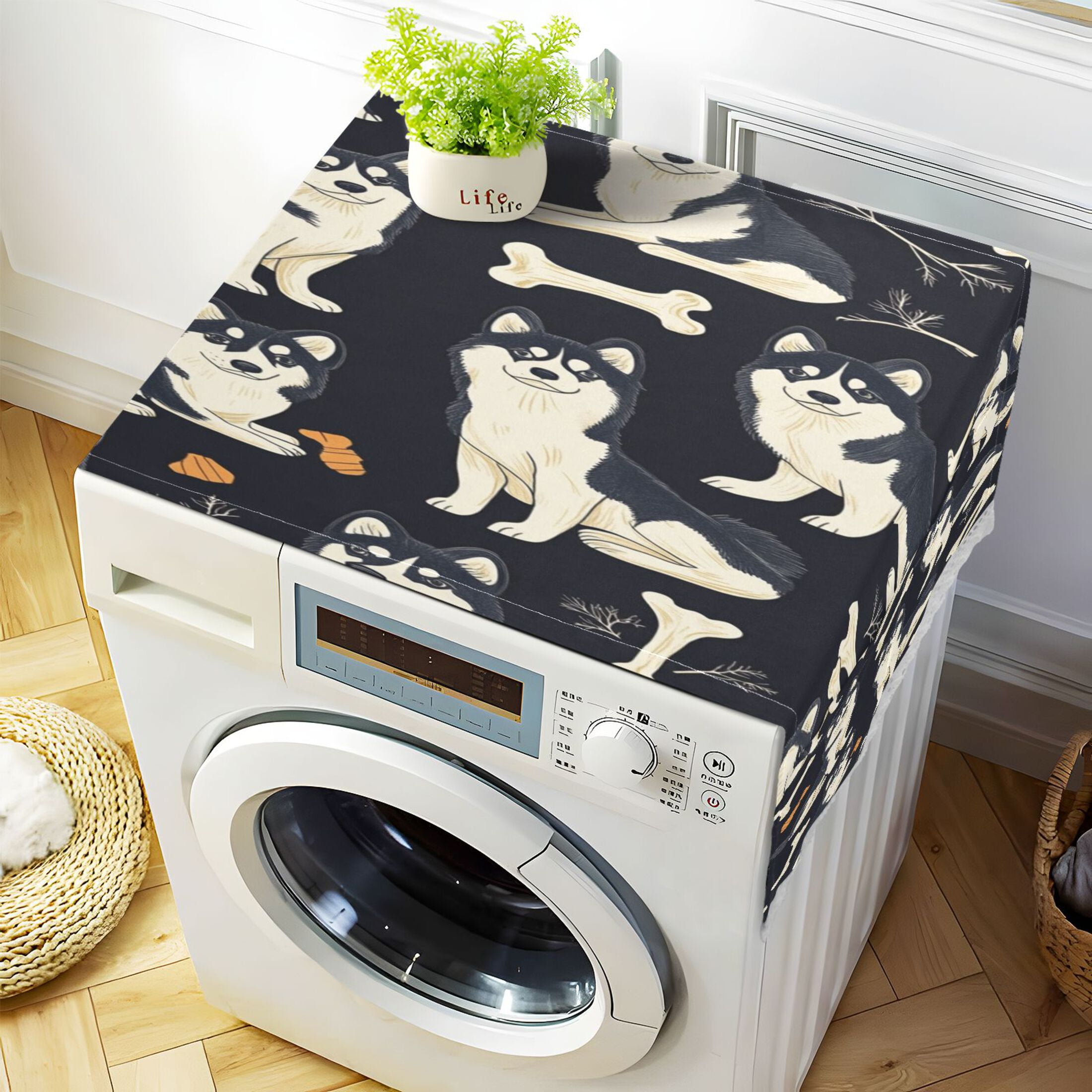 Lovely HuskyWasher and Dryer Covers Dust-Proof and Oil Resistant Fridge Cover with 4 Storage Pockets Washing Machine Top Cover for Laundry Kitchen Home 51.2 x 22 In